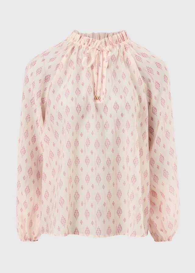 Pink Print Tie Neck Blouse