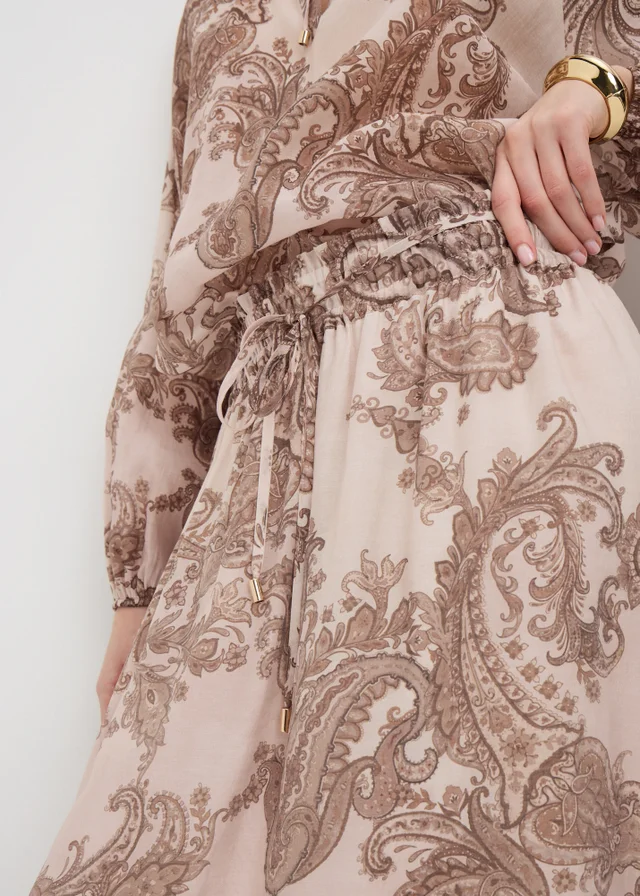 Nude Pink Paisley Shirred Maxi Skirt