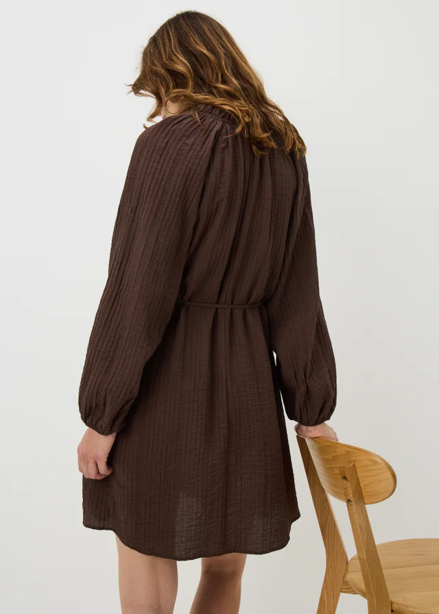 Chocolate Brown Textured Tie Neck Mini Dress