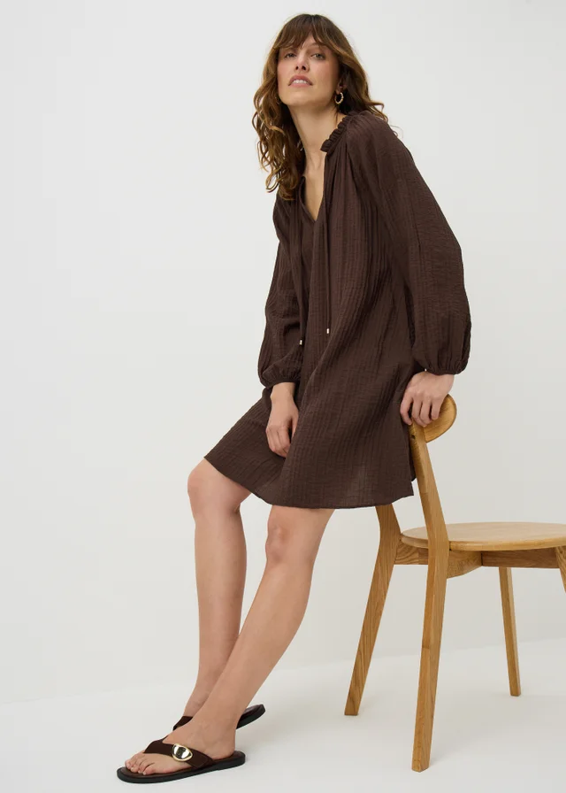 Chocolate Brown Textured Tie Neck Mini Dress