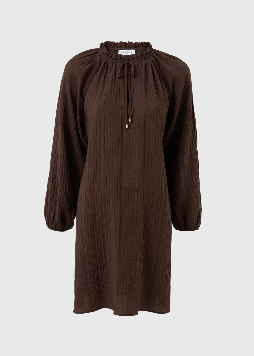 Chocolate Brown Textured Tie Neck Mini Dress - 8 Image 3