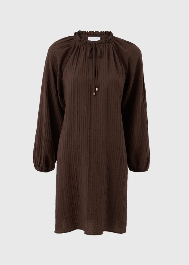 Chocolate Brown Textured Tie Neck Mini Dress