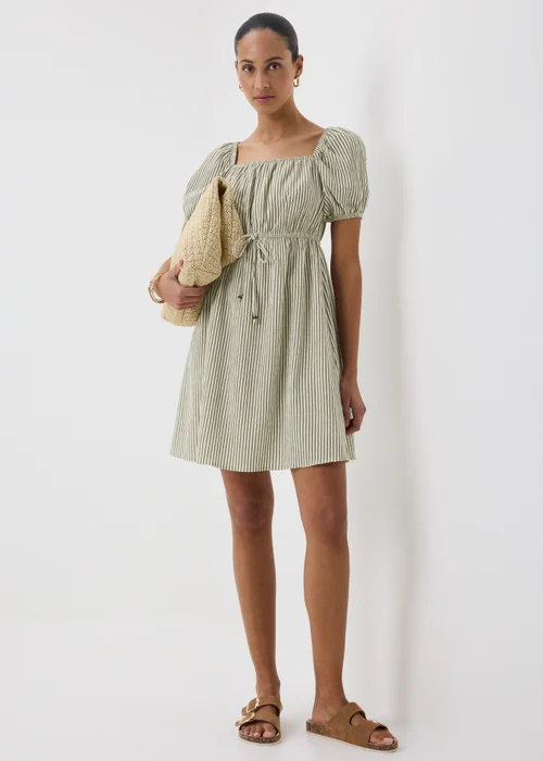 Chocolate Brown Stripe Shirred Tie Waist Mini Dress - 22 Image 1