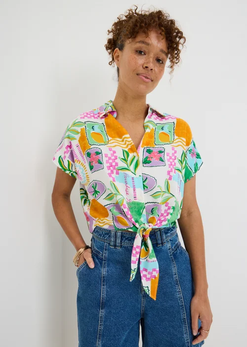 White Postcard Print Tie Front Shirt - 22 Image 1