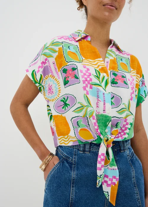 White Postcard Print Tie Front Shirt - 22 Image 3