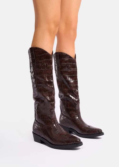 Public Desire Apollo Brown Croc Flat Western Knee High Boots - Size 7 Image 1