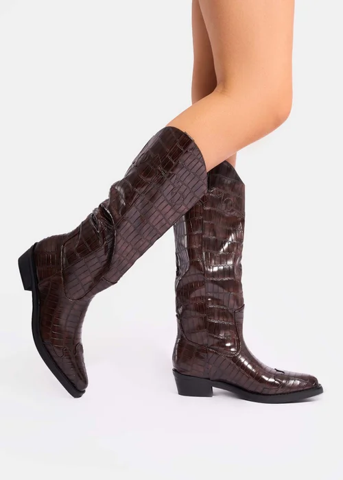 Public Desire Apollo Brown Croc Flat Western Knee High Boots - Size 7 Image 2