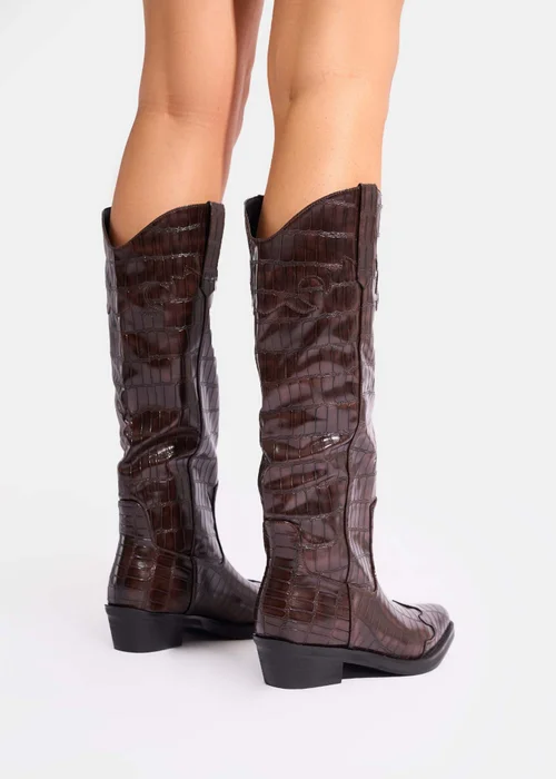 Public Desire Apollo Brown Croc Flat Western Knee High Boots - Size 7 Image 3