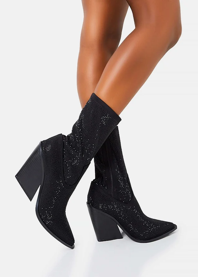 Public Desire Wild One Black Diamante Western Cowboy Pointed Toe Block Heel Ankle Boots