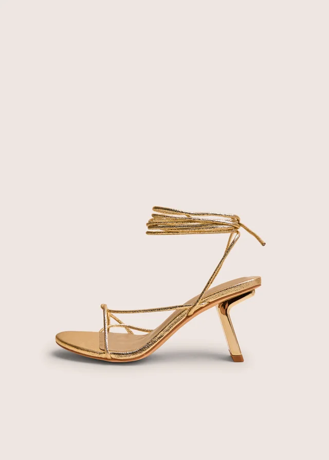 Public Desire Birdie Gold Cracked Pu Lace Up Mid Heels