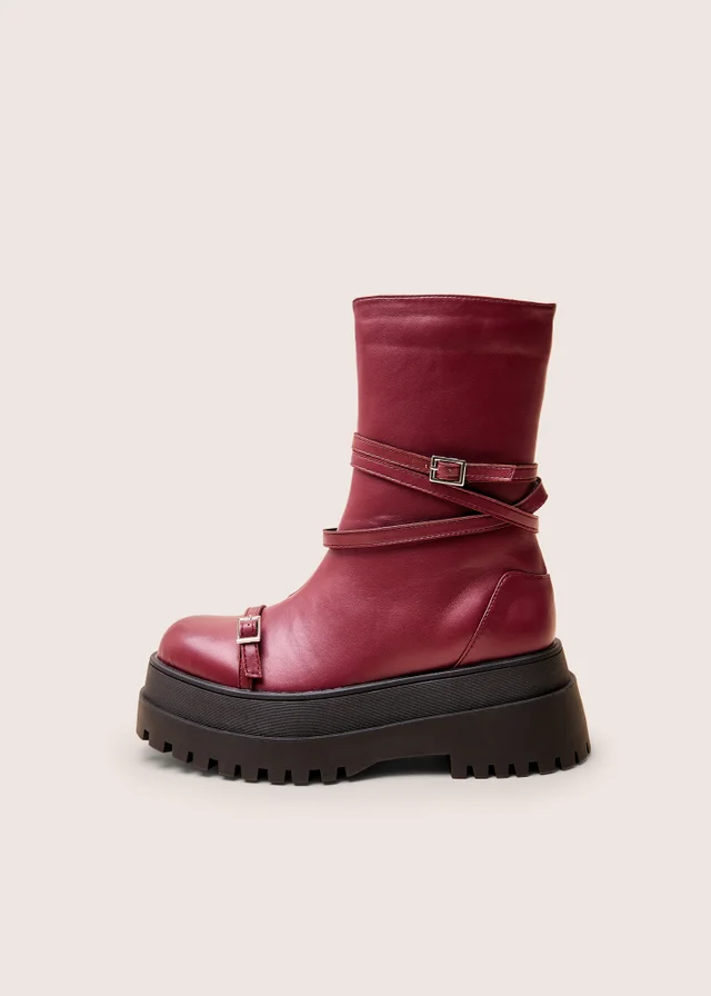 Public Desire Odessa Burgundy Multi Strap Detail Chunky Sole Ankle Boots