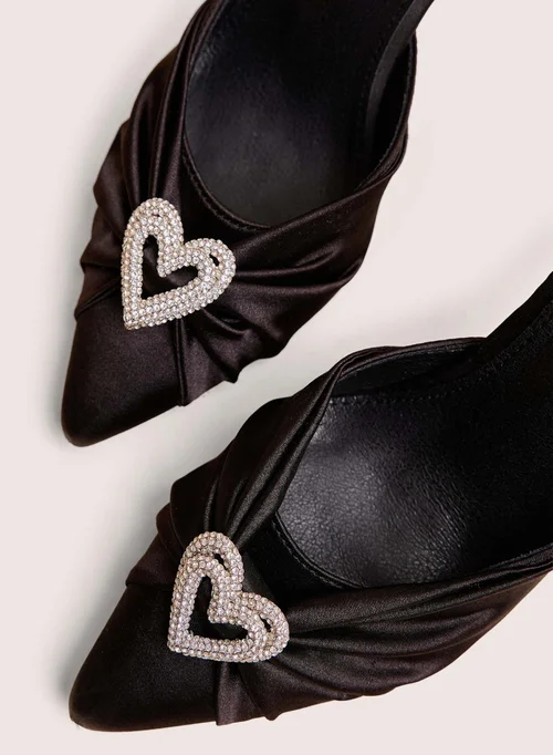 Public Desire Meant To Be Black Satin Diamante Heart Court Stiletto Heel - Size 8 Image 4