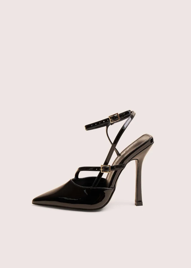 Public Desire Idol Black Patent Buckle Strappy Detail Stiletto Court High Heels
