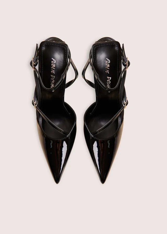 Public Desire Idol Black Patent Buckle Strappy Detail Stiletto Court High Heels