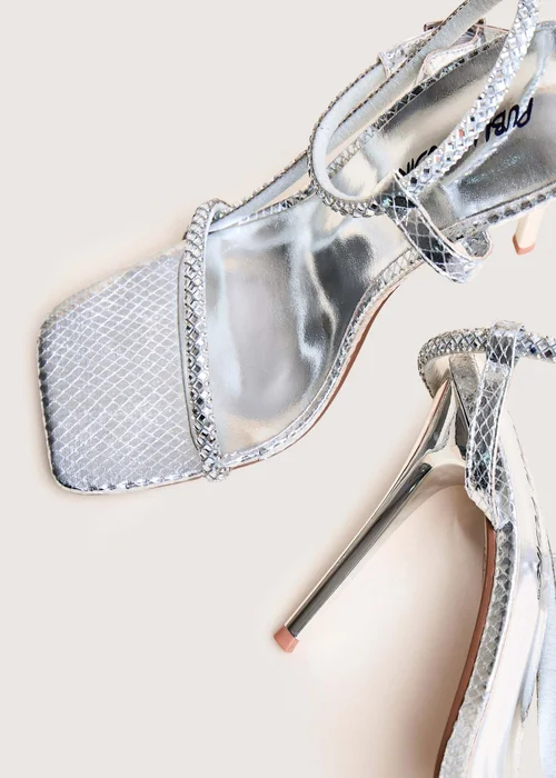 Public Desire Last Night Silver Snake Pu Diamante Strap Stiletto High Heels - Size 4 Image 4