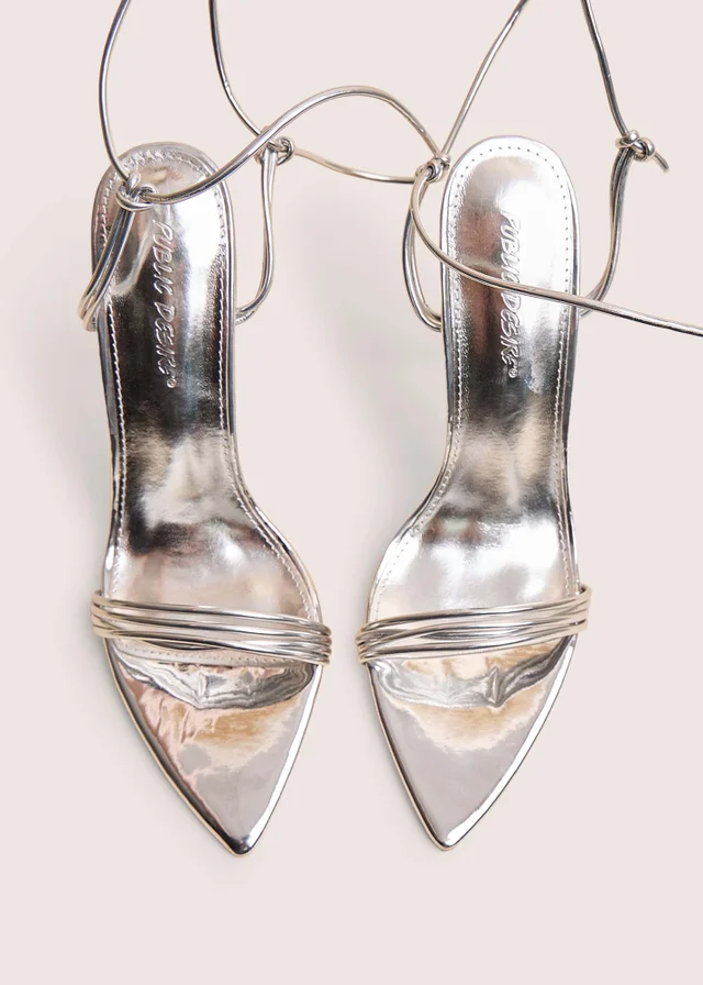 Public Desire Merlot Mirror Silver Pu Lace Up Wrap Around Pointed Toe Stiletto Heels