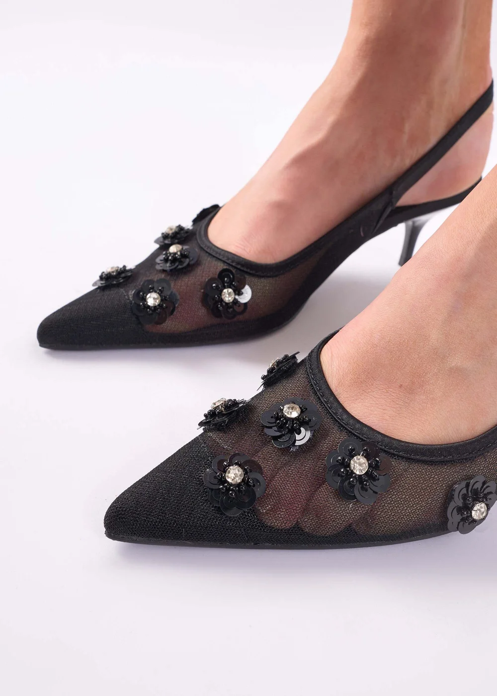 Public Desire Kyle Black Floral Embellishment Mesh Black Slingback Kitten Heel Court Shoes - Size 3 Image 2
