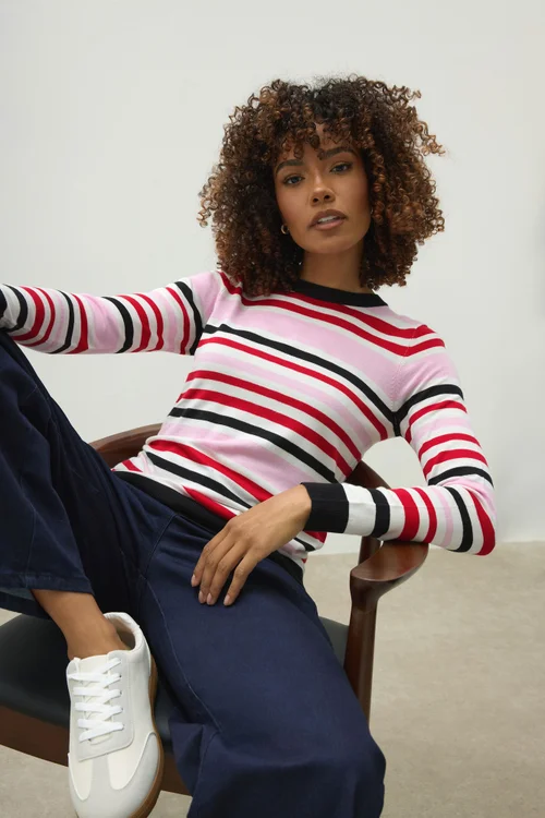 M&Co Pink Stripe Crew Neck Jumper - Size 18-20 Image 1