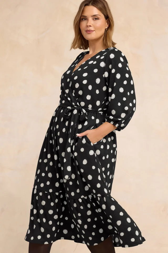 Evans Curve Black Spot Print Jersey Wrap Dress