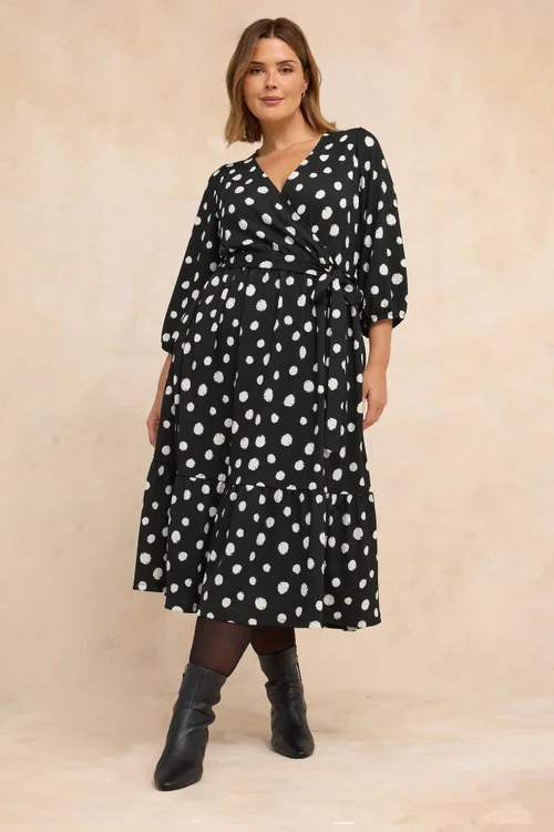 Evans Curve Black Spot Print Jersey Wrap Dress - 30-32 Image 2