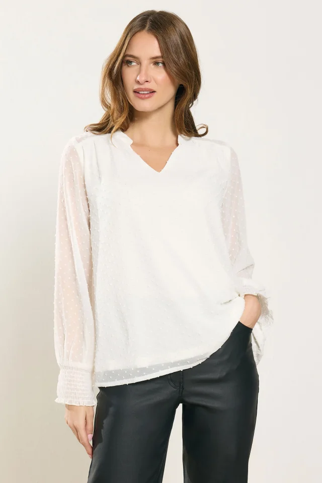 M&Co Ivory White Long Sleeve Spot Print Blouse