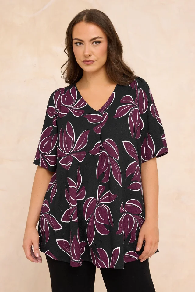 Evans Curve Berry Red Floral Print Pleat Front Top