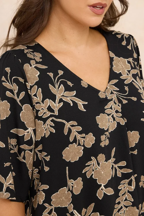 Evans Curve Black Floral Print Pleat Front Top - Size 16 Image 4