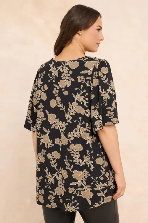 Evans Curve Black Floral Print Pleat Front Top - Size 16 Image 3