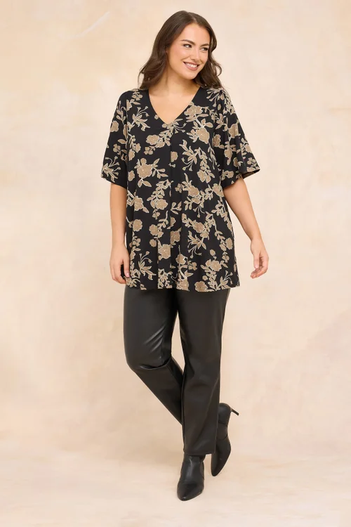 Evans Curve Black Floral Print Pleat Front Top - Size 16 Image 2