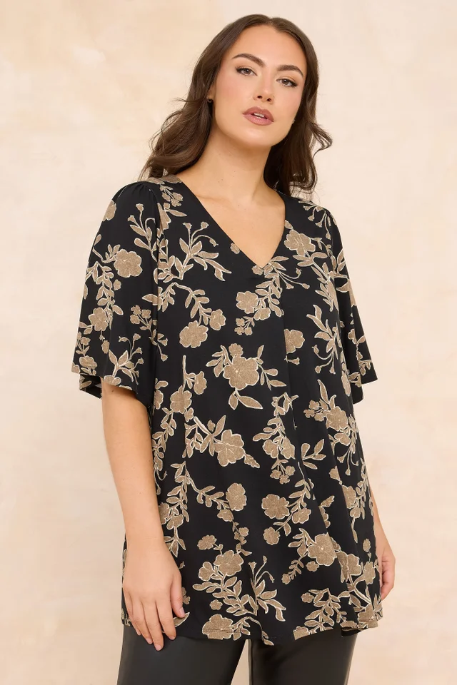 Evans Curve Black Floral Print Pleat Front Top