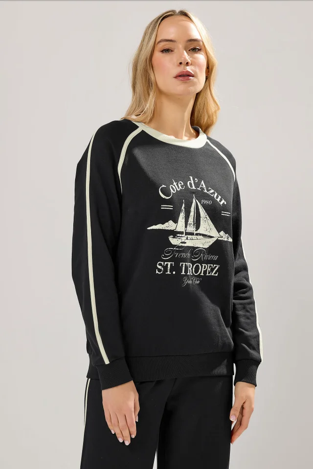 Long Tall Sally Black 'Cote d'Azur' Slogan Pipe Detail Sweatshirt