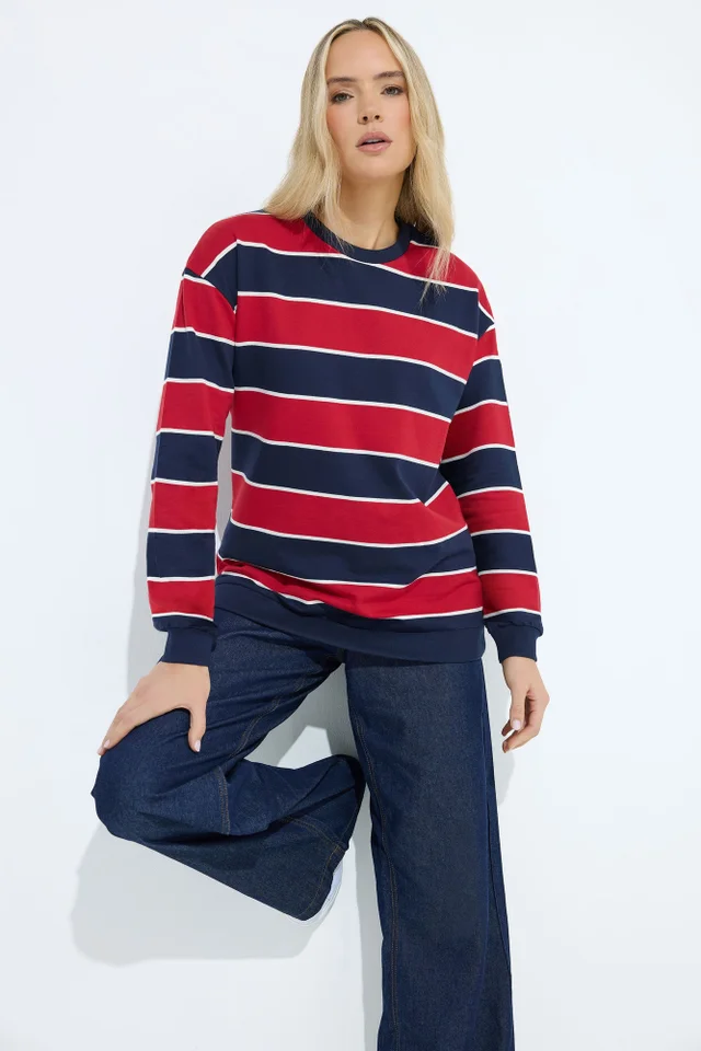 Long Tall Sally Navy Blue & Red Stripe Crew Neck Sweatshirt