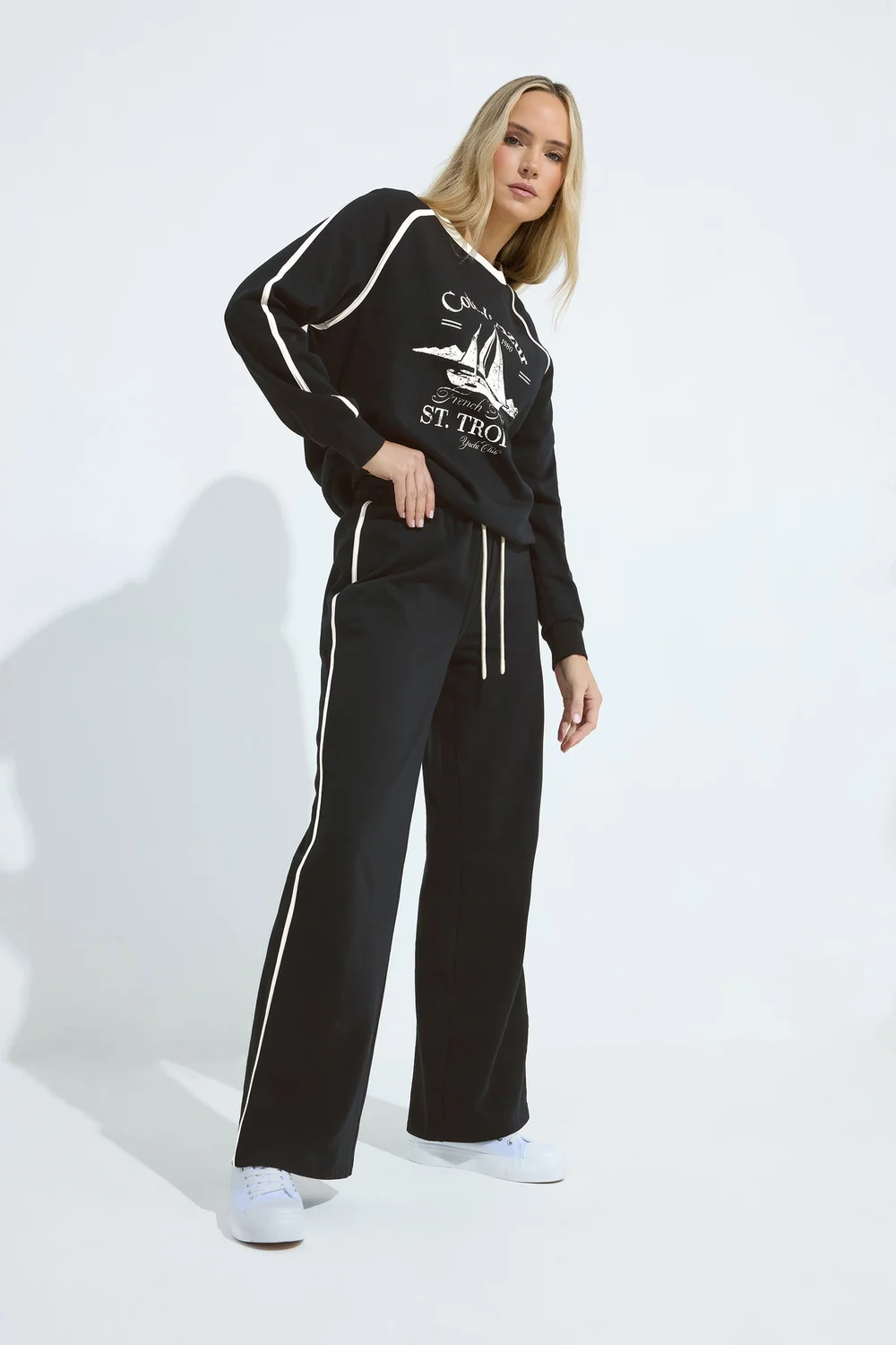 Long Tall Sally Black Pipe Detail Wide Leg Joggers - Size 18, Leg 36 Image 1