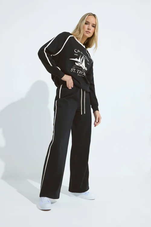 Long Tall Sally Black Pipe Detail Wide Leg Joggers - Size 18, Leg 36 Image 1