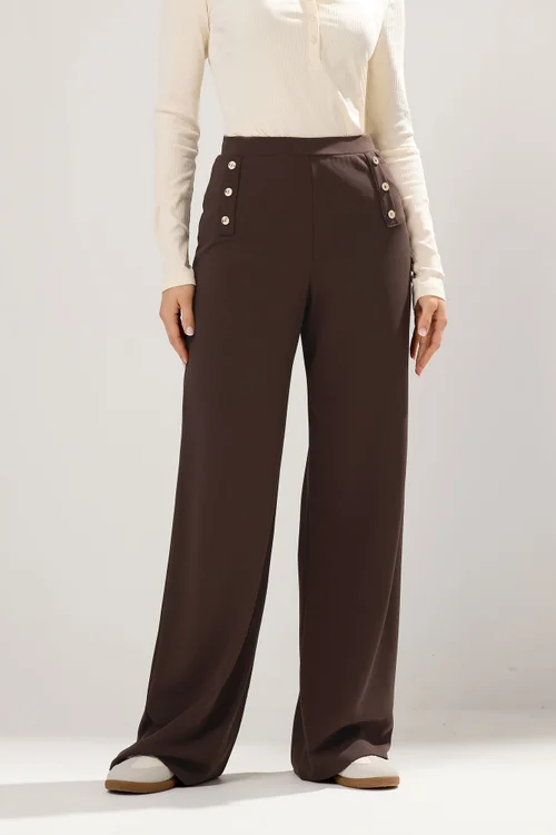 Long Tall Sally Chocolate Brown Military Wide Leg Trousers - Size 10, Leg 34 Image 2