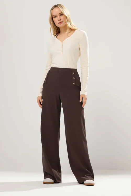 Long Tall Sally Chocolate Brown Military Wide Leg Trousers - Size 10, Leg 34 Image 1