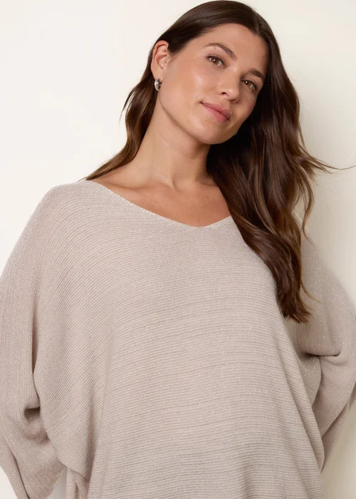 Blue Vanilla Beige Metallic V Neck Knitted Ripple Jumper - One Size Image 1