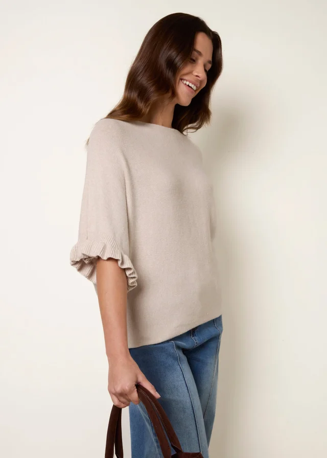 Blue Vanilla Beige Knitted Frill Sleeve Batwing Jumper
