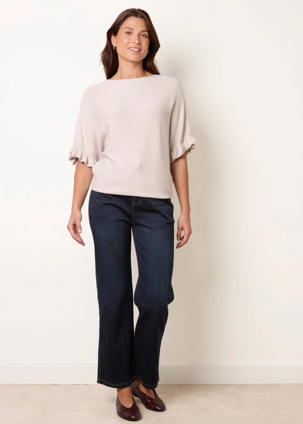 Blue Vanilla Beige Knitted Frill Sleeve Batwing Jumper - One Size Image 2