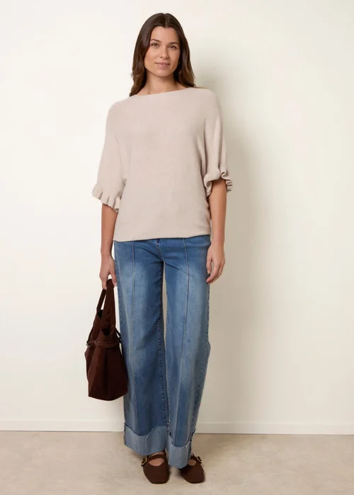 Blue Vanilla Beige Knitted Frill Sleeve Batwing Jumper - One Size Image 3