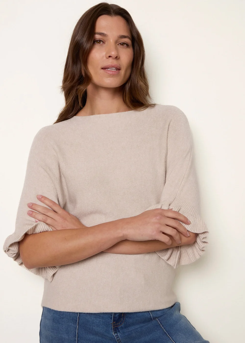 Blue Vanilla Beige Knitted Frill Sleeve Batwing Jumper - One Size Image 1