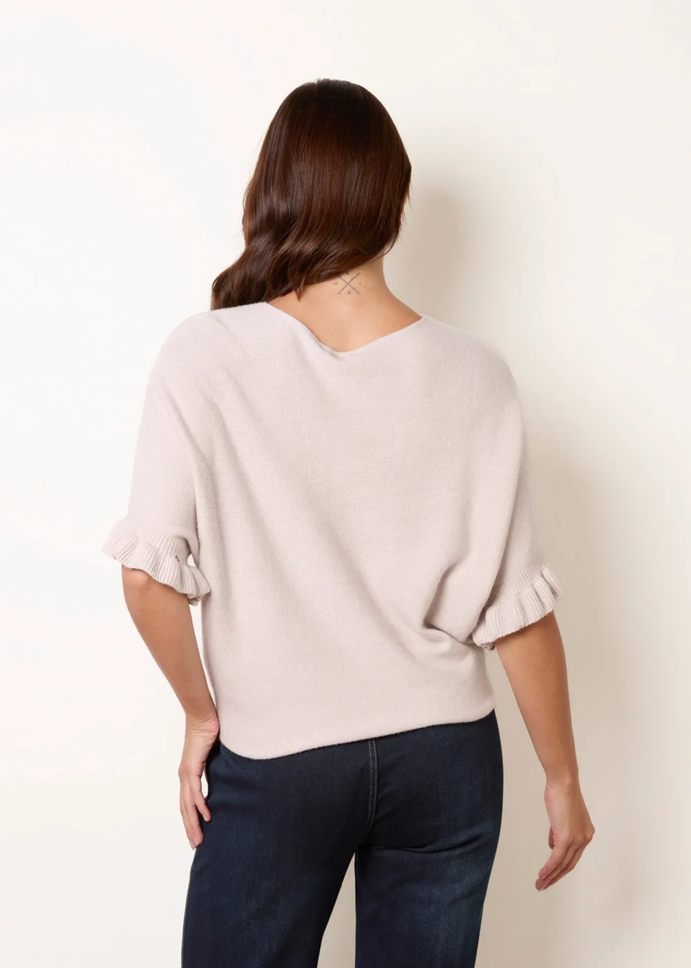 Blue Vanilla Beige Knitted Frill Sleeve Batwing Jumper - One Size Image 4