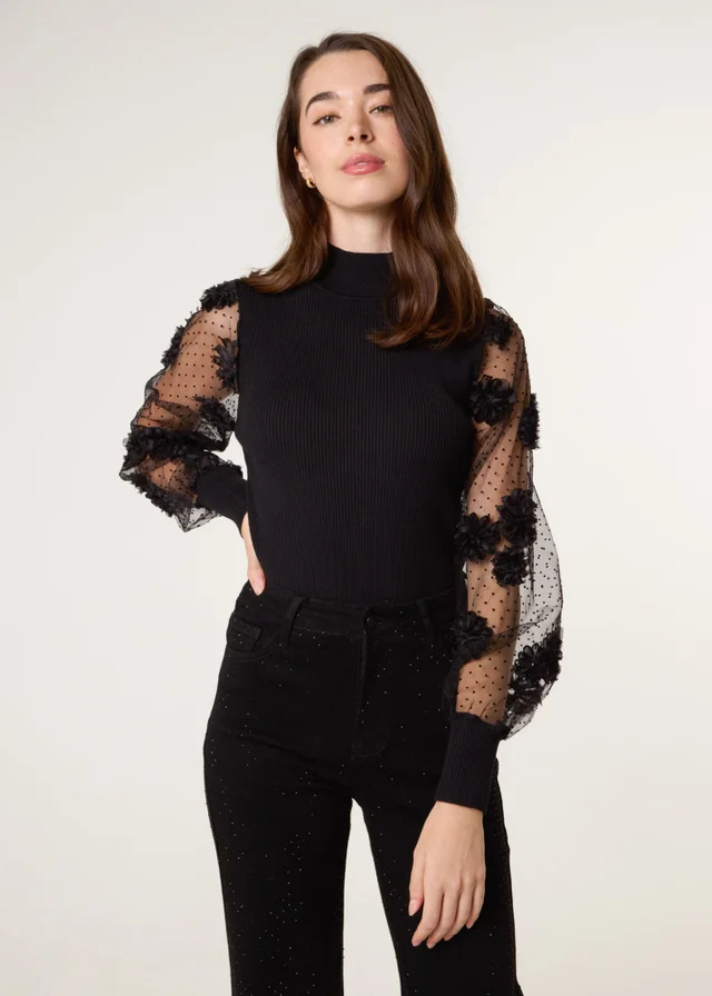 Blue Vanilla Black Turtle Neck Jumper With Mesh Polka Dot & Flower Detailed Sleeves