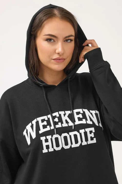 Yours Curve Black 'Weekend Hoodie' Slogan Hoodie - Size 18 Image 4