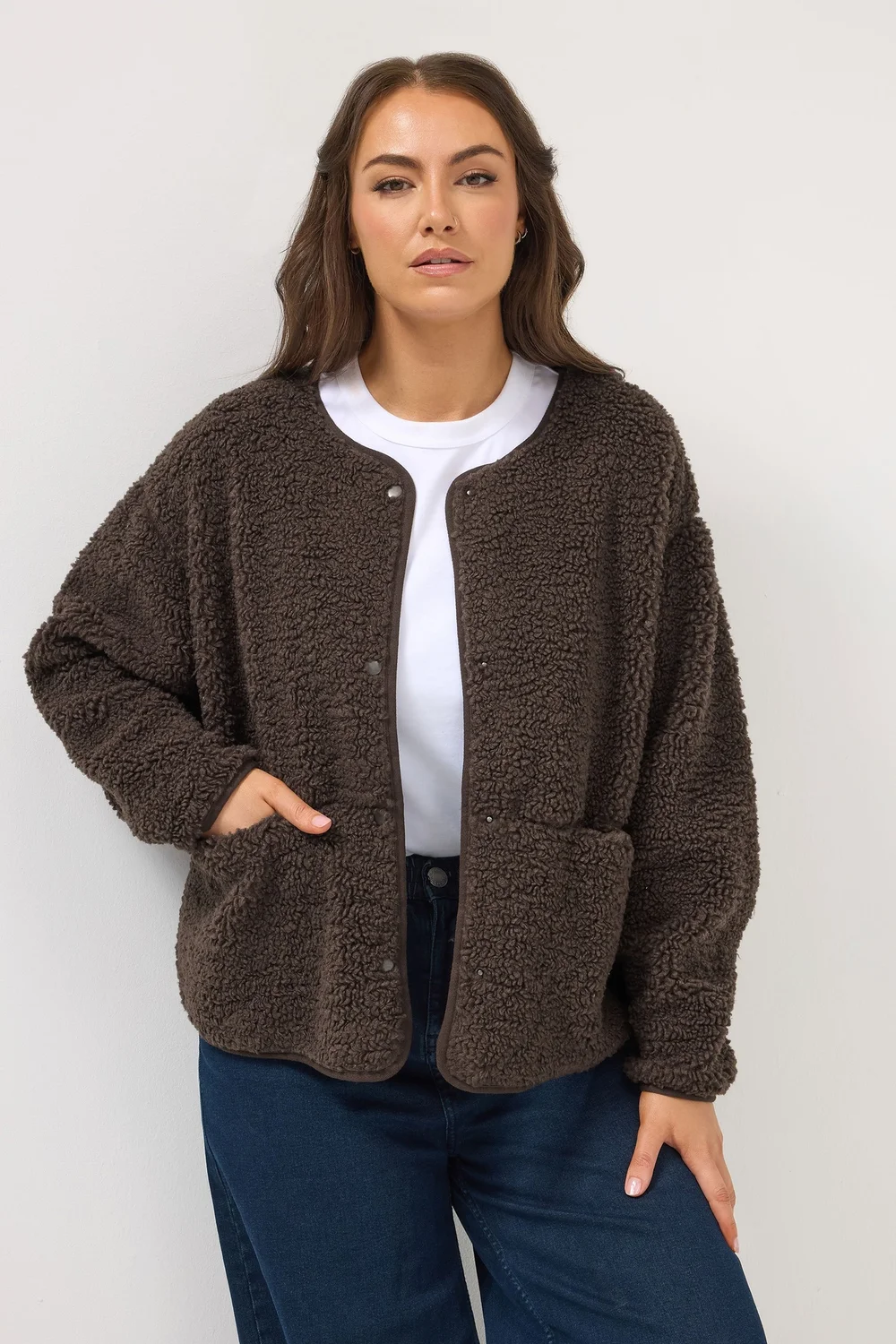 Yours Curve Chocolate Brown Collarless Fleece Jacket - 18 Image 1