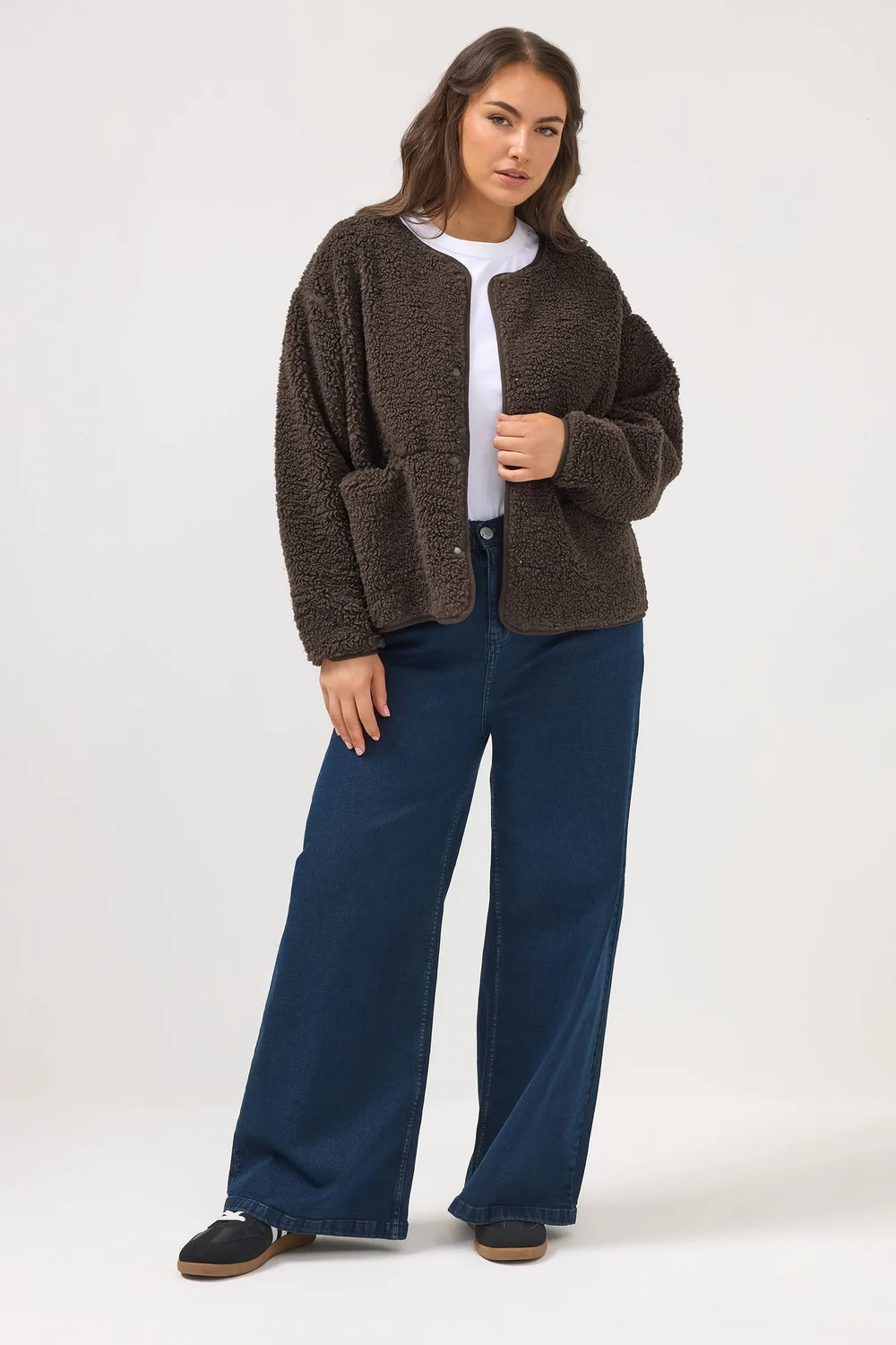 Yours Curve Chocolate Brown Collarless Fleece Jacket - 18 Image 2