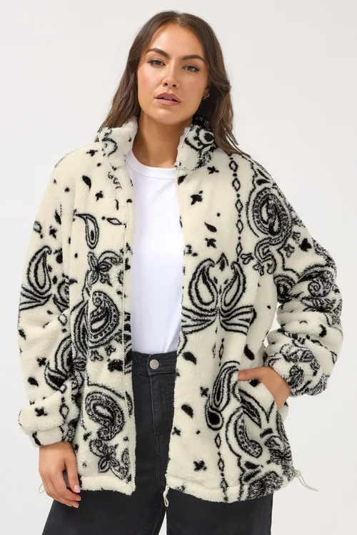 Yours Curve Ivory White Paisley Zip Through Fleece Jacket - 20 Image 1