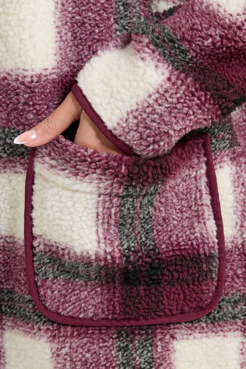 Yours Curve Burgundy Red Check Teddy Fleece Jacket - 14 Image 4