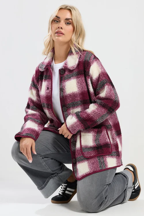 Yours Curve Burgundy Red Check Teddy Fleece Jacket - 14 Image 1