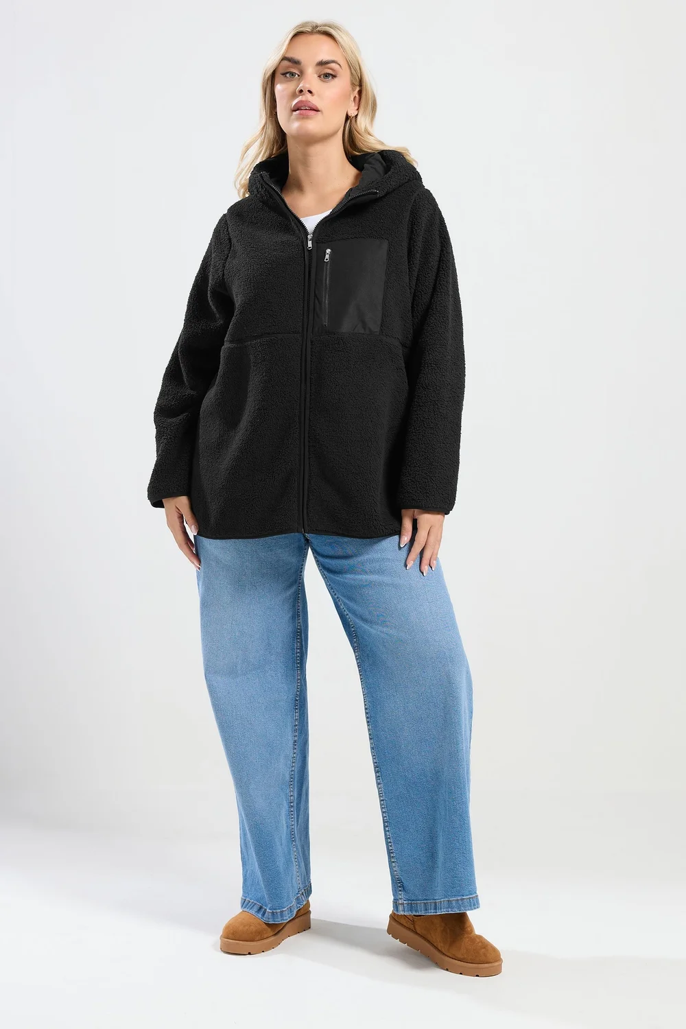 Yours Curve Black Pocket Teddy Fleece Jacket - 22-24 Image 2